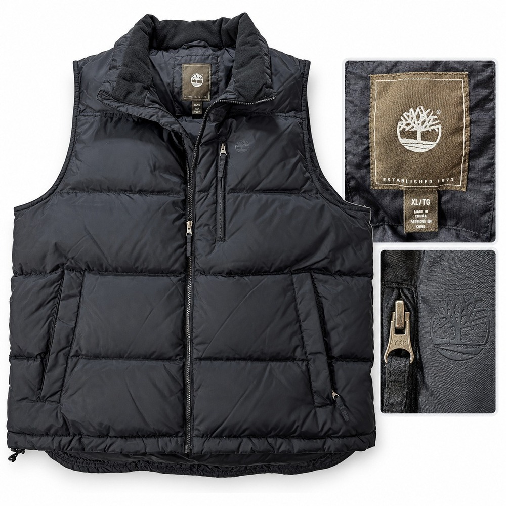 Timberland Puffer Vest Mens XL Black Down Fill Quilted Style Full Zip